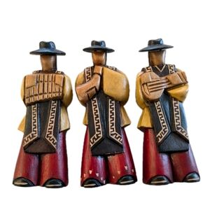 Set 3 Ecuadorian Cedar Wood Andean Folk Musician Figurines Hand Carved Vintage
